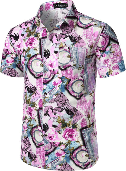 LucMatton Men's Cotton Linen Traditional Pattern Print Short Sleeve Button Down Hawaiian Shirts Pink