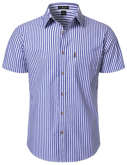 LucMatton Men's Casual Retro Striped Short Sleeve Button Down Shirts Cotton Summer Regular Fit with Pocket