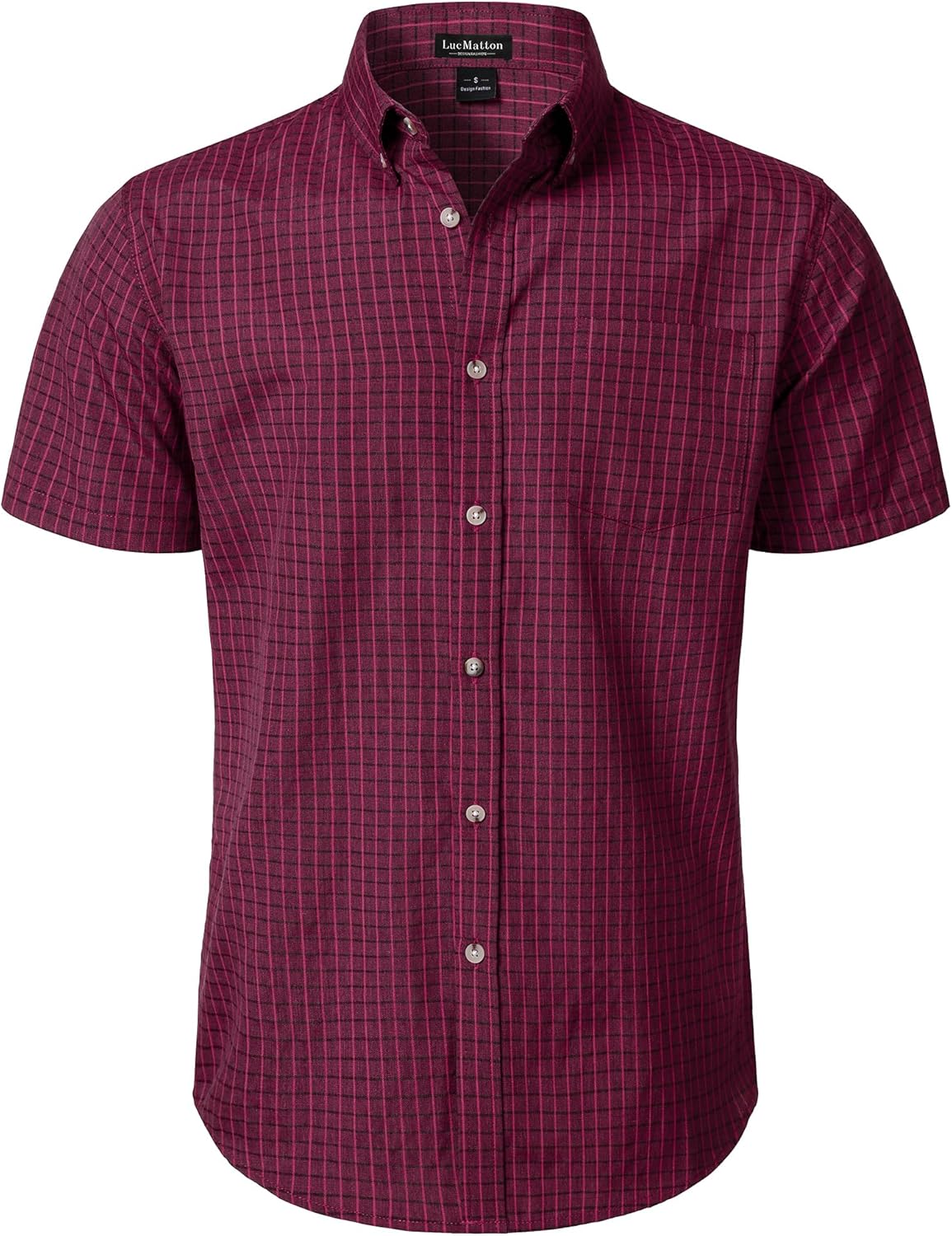 LucMatton Men's Plaid Short Sleeve Button Down Shirt Smart Casual Linen-Like Regular Fit Summer Tops