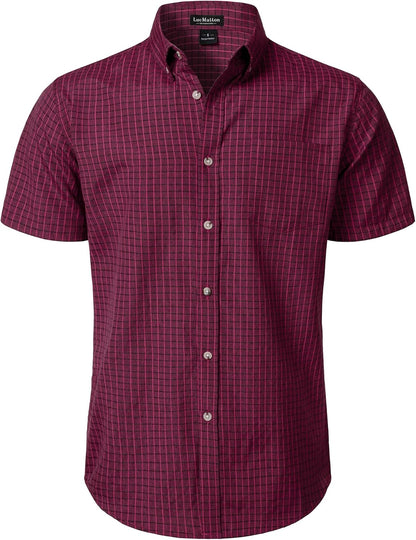 LucMatton Men's Plaid Short Sleeve Button Down Shirt Smart Casual Linen-Like Regular Fit Summer Tops