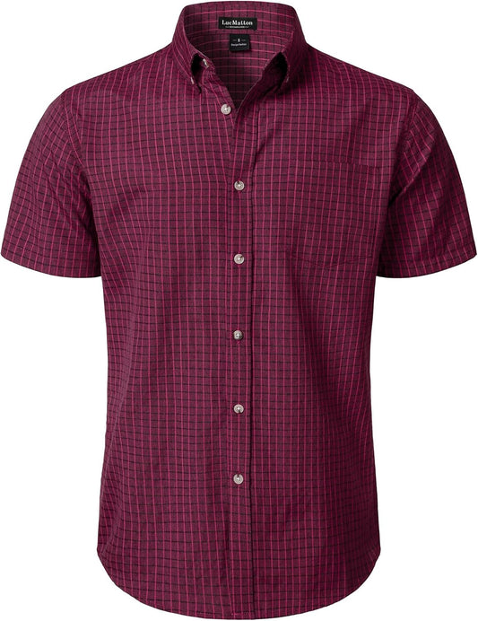 LucMatton Men's Plaid Short Sleeve Button Down Shirt Smart Casual Linen-Like Regular Fit Summer Tops