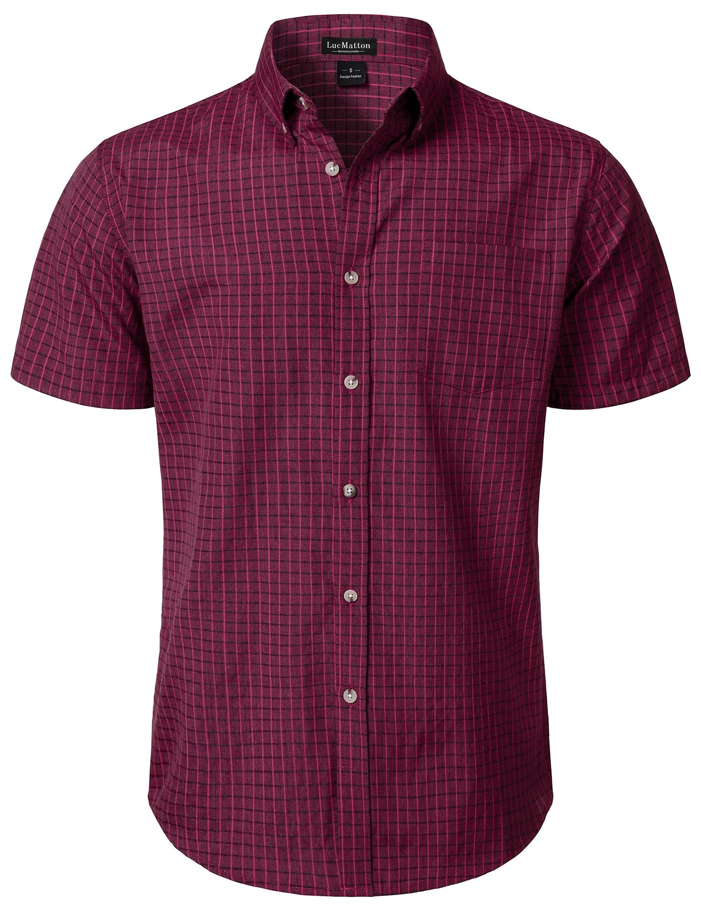 LucMatton Men's Plaid Short Sleeve Button Down Shirt Smart Casual Linen-Like Regular Fit Summer Tops