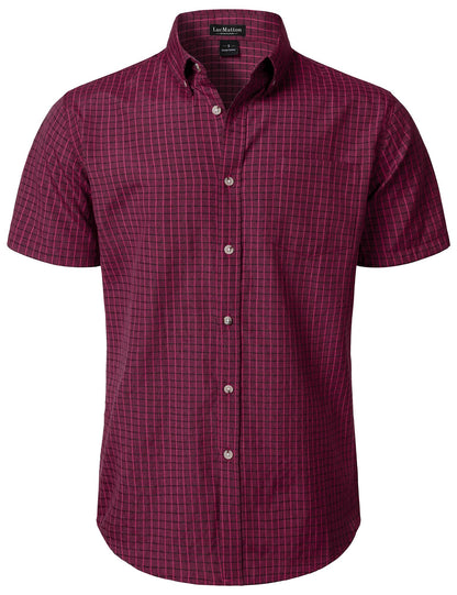 LucMatton Men's Plaid Short Sleeve Button Down Shirt Smart Casual Linen-Like Regular Fit Summer Tops