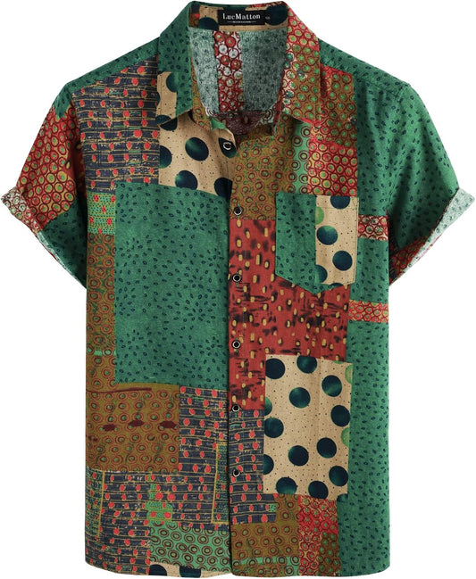 LucMatton Men's Cotton Linen Traditional Pattern Print Short Sleeve Button Down Hawaiian Shirts Green