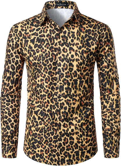 LucMatton Men's Hipster Long Sleeve Button Down Leopard Print Shirts for Club Rock Party Gold Leopard