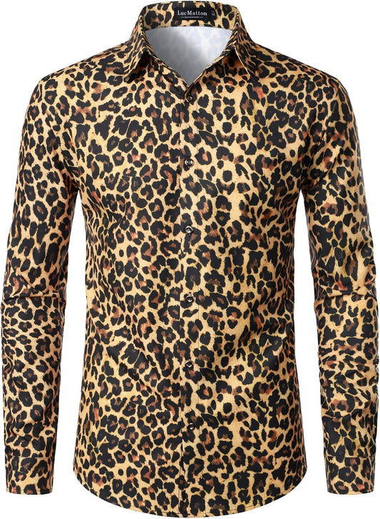 LucMatton Men's Hipster Long Sleeve Button Down Leopard Print Shirts for Club Rock Party Gold Leopard