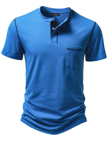 LucMatton Men's Sporty Casual Henley Shirt Short Sleeve Slim Fit Contrast Stitching T-Shirt with Pocket