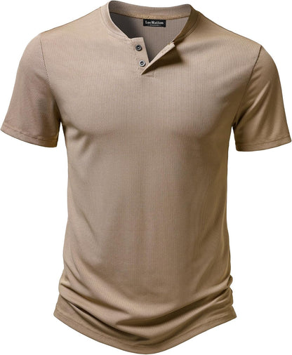LucMatton Men's Fitted Stretch Short Sleeve Henley Shirt Gym Athletic V Neck Casual T-Shirt