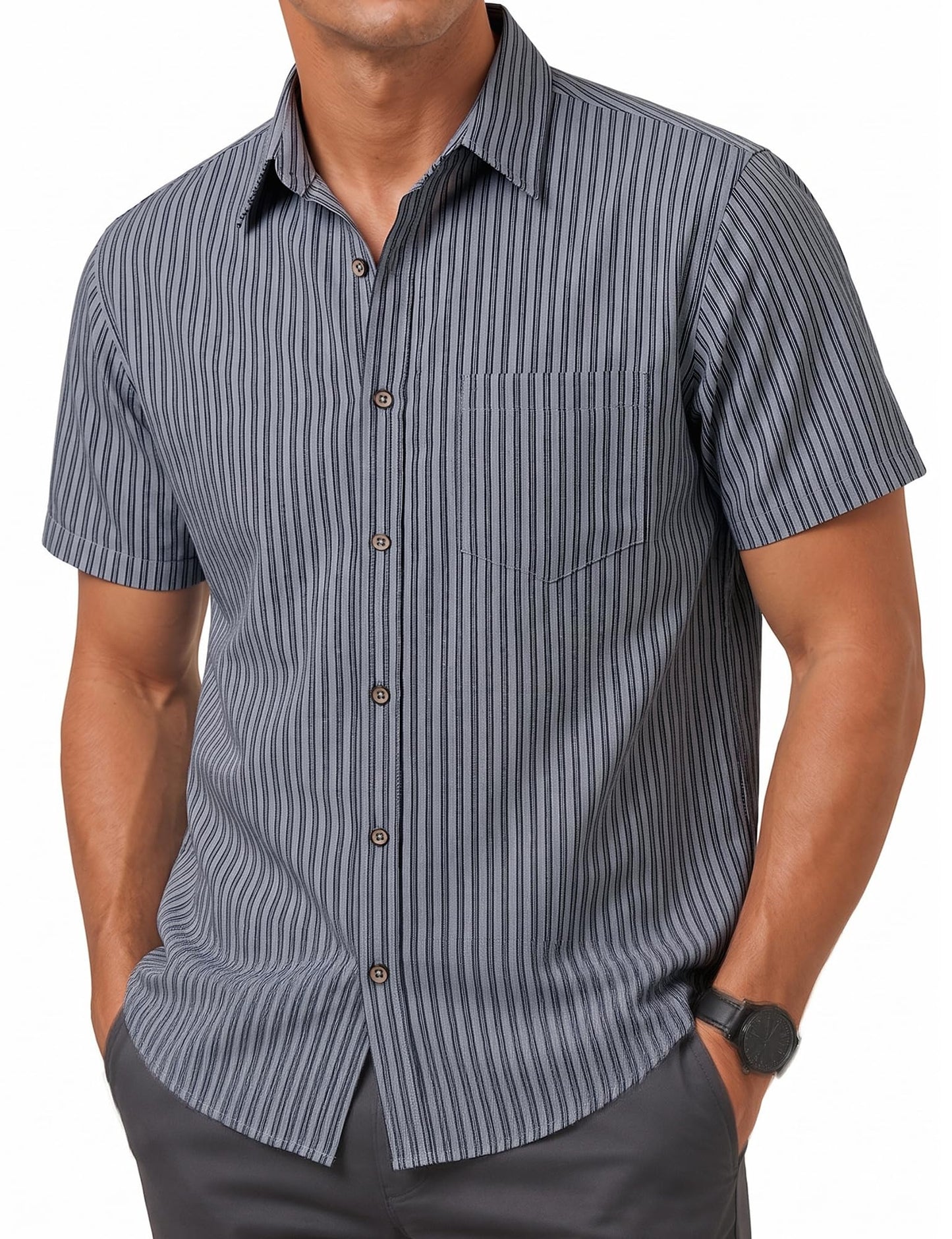 LucMatton Men's Stripe Short Sleeve Button Down Shirt Summer Smart Casual Regular Fit Tops