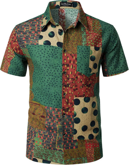 LucMatton Men's Cotton Linen Traditional Pattern Print Short Sleeve Button Down Hawaiian Shirts Green