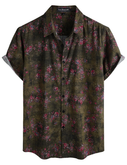 LucMatton Men's 70s Hawaiian Shirt Vintage Print Short Sleeve Button Down Shirts for Summer Vacation & Beach