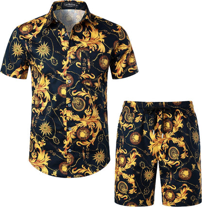 LucMatton Men's 2 Piece Floral Outfits Hipster Short Sleeve Button Down Shirt and Shorts Set Black Rose