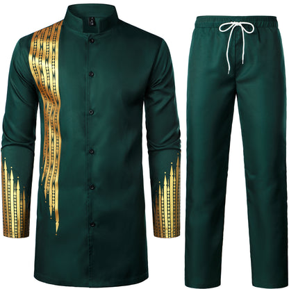 LucMatton Men's 2 Piece Outfit Long Sleeve Button up Shirt and Pants Traditional Ethnic Suit