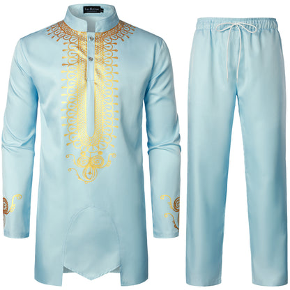 LucMatton Men's African 2 Piece Set Long Sleeve Gold Print Dashiki and Pants Outfit Traditional Suit