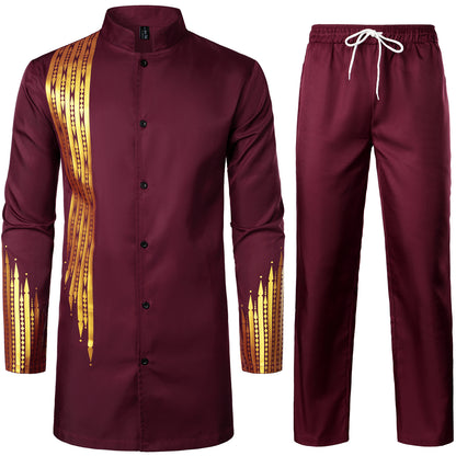 LucMatton Men's 2 Piece Outfit Long Sleeve Button up Shirt and Pants Traditional Ethnic Suit