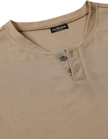 LucMatton Men's Fitted Stretch Short Sleeve Henley Shirt Gym Athletic V Neck Casual T-Shirt