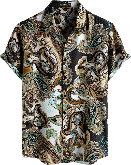 LucMatton Men's Vintage Hawaiian Shirt Tropical Print Short Sleeve Button Down Shirts Aloha Styles for Summer Vacation