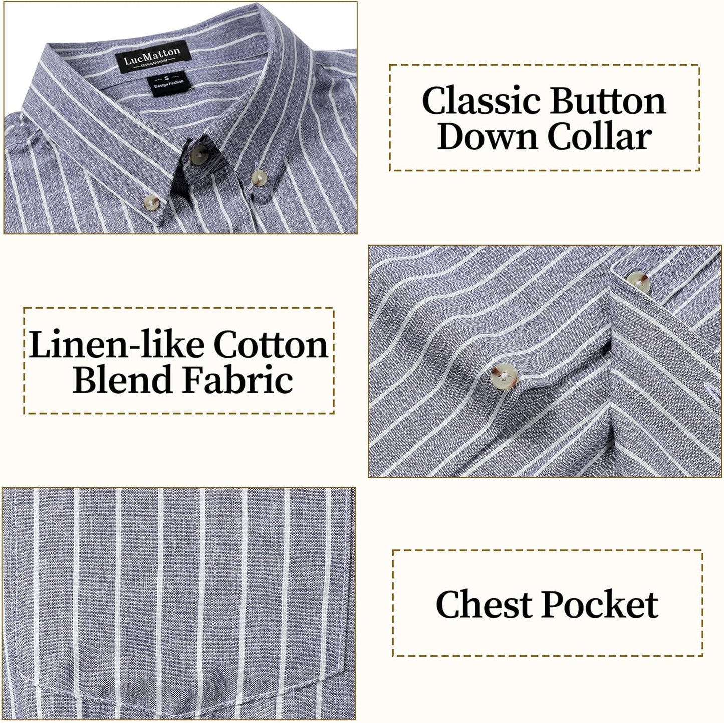 LucMatton Men's Classic Striped Short Sleeve Button Down Shirt Linen-Like Regular Fit Business Shirt for Summer
