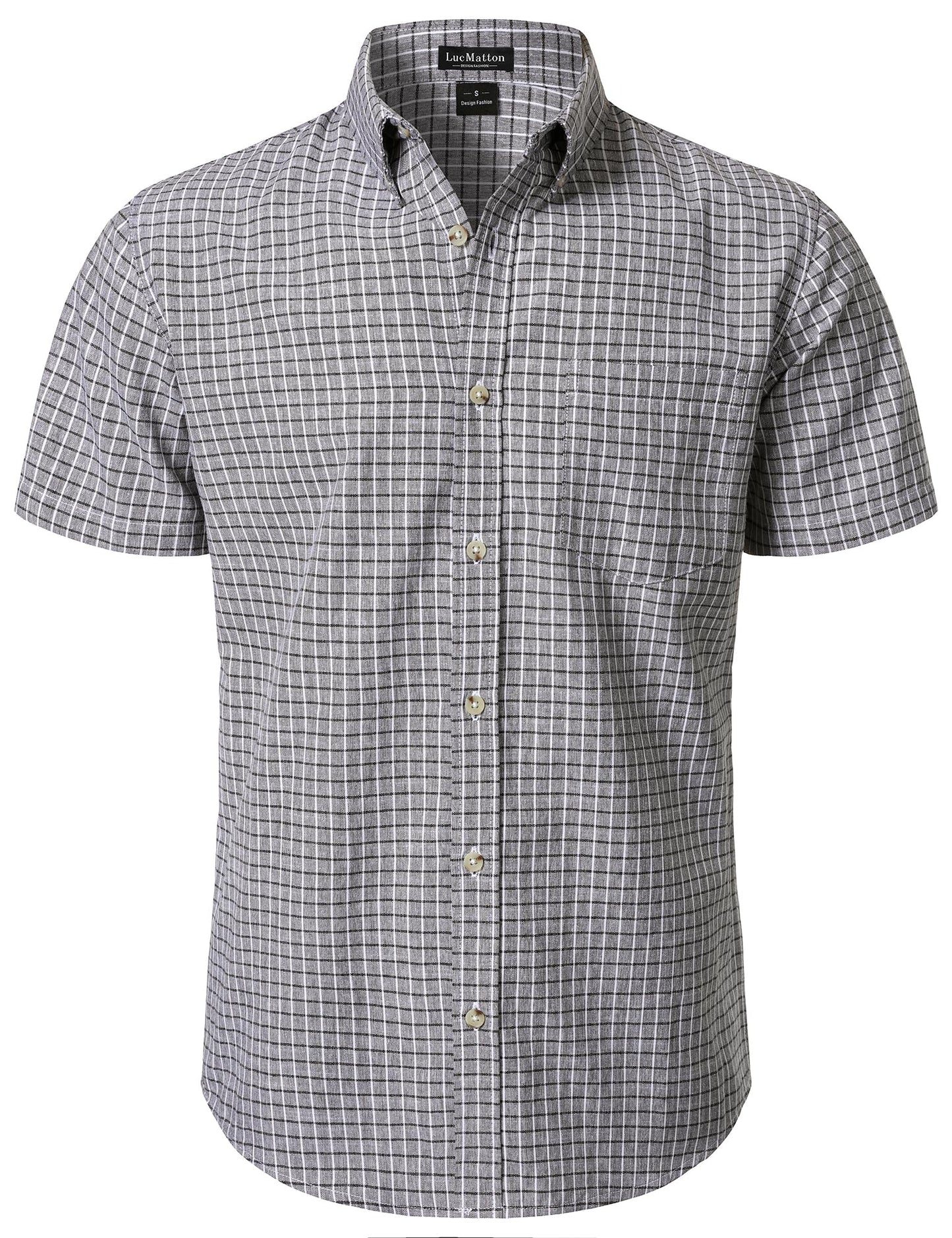 LucMatton Men's Plaid Short Sleeve Button Down Shirt Smart Casual Linen-Like Regular Fit Summer Tops