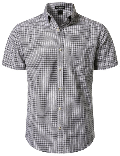LucMatton Men's Plaid Short Sleeve Button Down Shirt Smart Casual Linen-Like Regular Fit Summer Tops