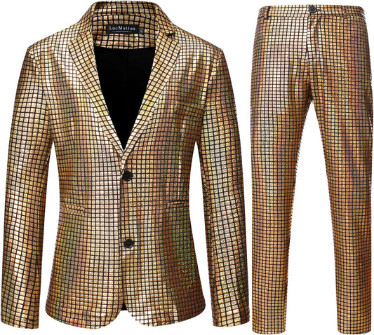 LucMatton Men's Metallic Sequin Suits 2 Piece Disco Sets, Shiny Jacket and Pants for Formal Events, Regular Fit, Long Sleeve, Dry Clean Only