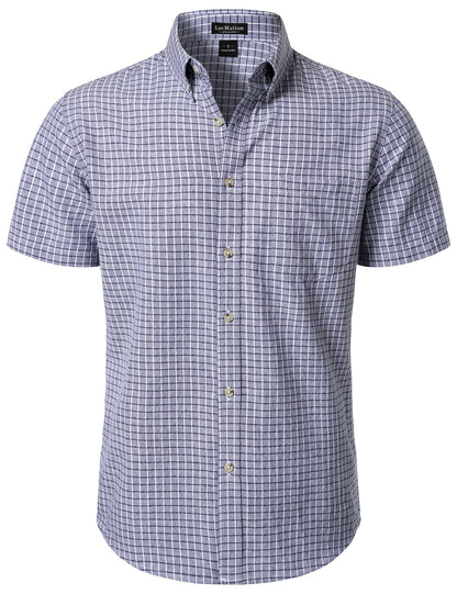 LucMatton Men's Plaid Short Sleeve Button Down Shirt Smart Casual Linen-Like Regular Fit Summer Tops