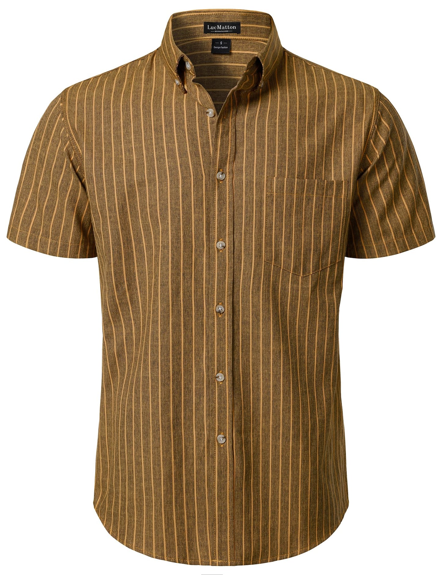 LucMatton Men's Classic Striped Short Sleeve Button Down Shirt Linen-Like Regular Fit Business Shirt for Summer