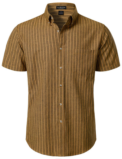 LucMatton Men's Classic Striped Short Sleeve Button Down Shirt Linen-Like Regular Fit Business Shirt for Summer