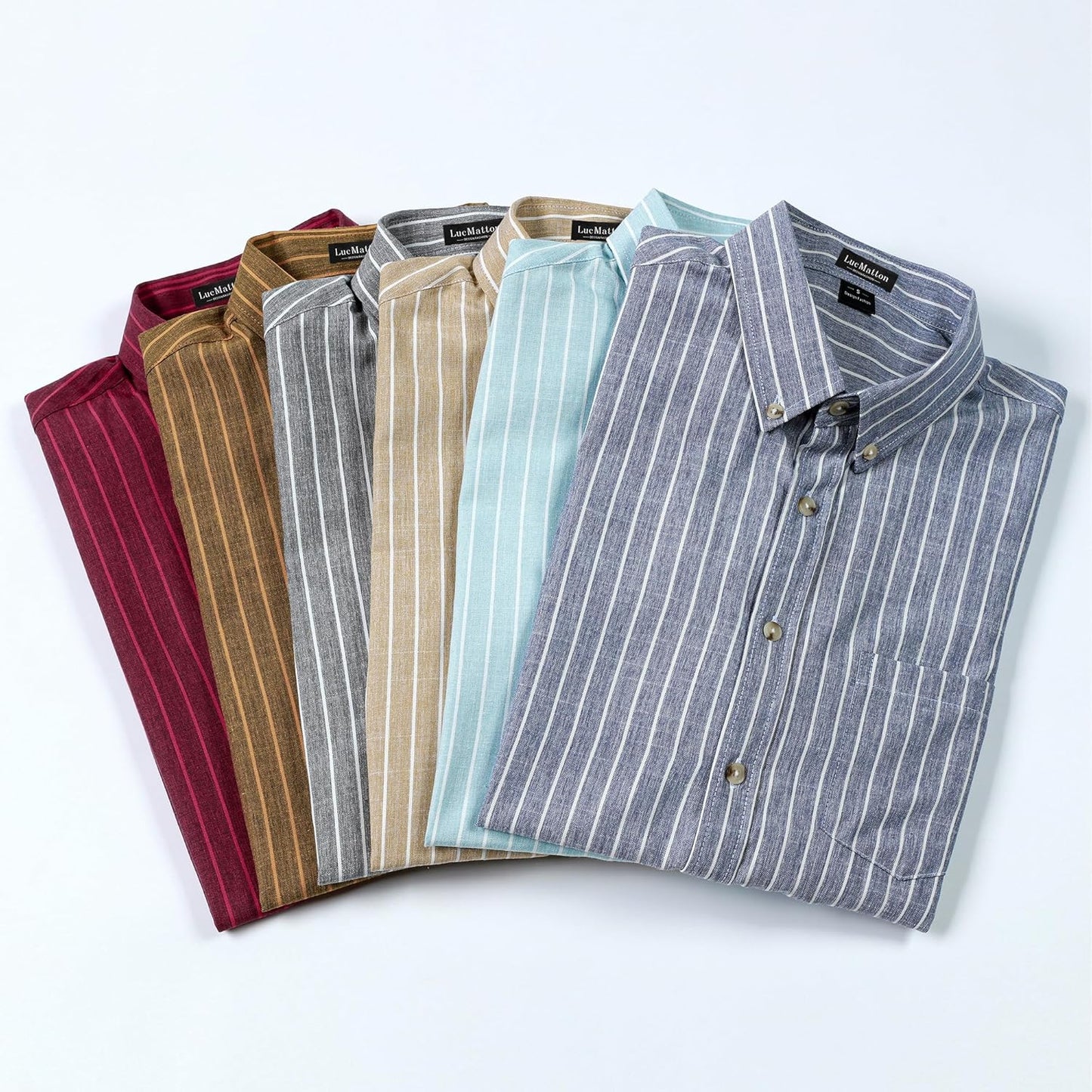LucMatton Men's Classic Striped Short Sleeve Button Down Shirt Linen-Like Regular Fit Business Shirt for Summer