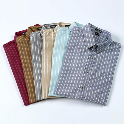 LucMatton Men's Classic Striped Short Sleeve Button Down Shirt Linen-Like Regular Fit Business Shirt for Summer