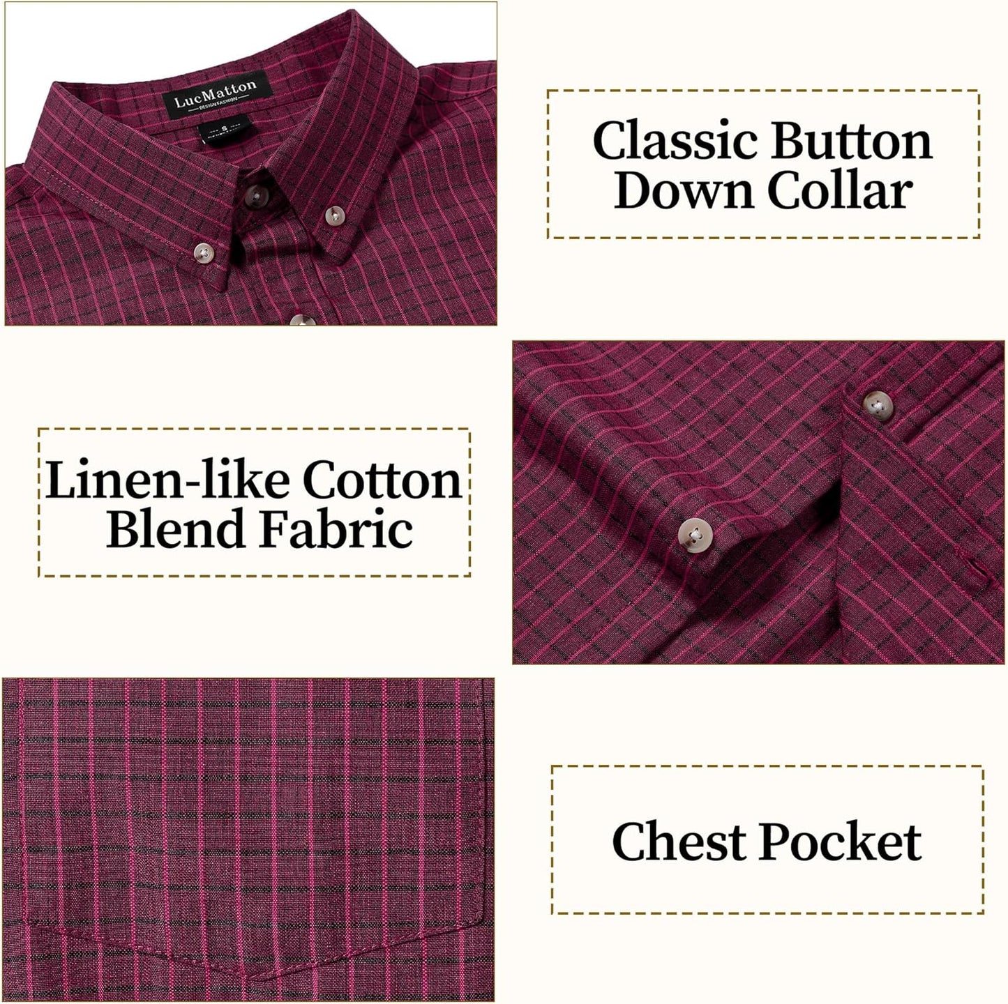 LucMatton Men's Plaid Short Sleeve Button Down Shirt Smart Casual Linen-Like Regular Fit Summer Tops