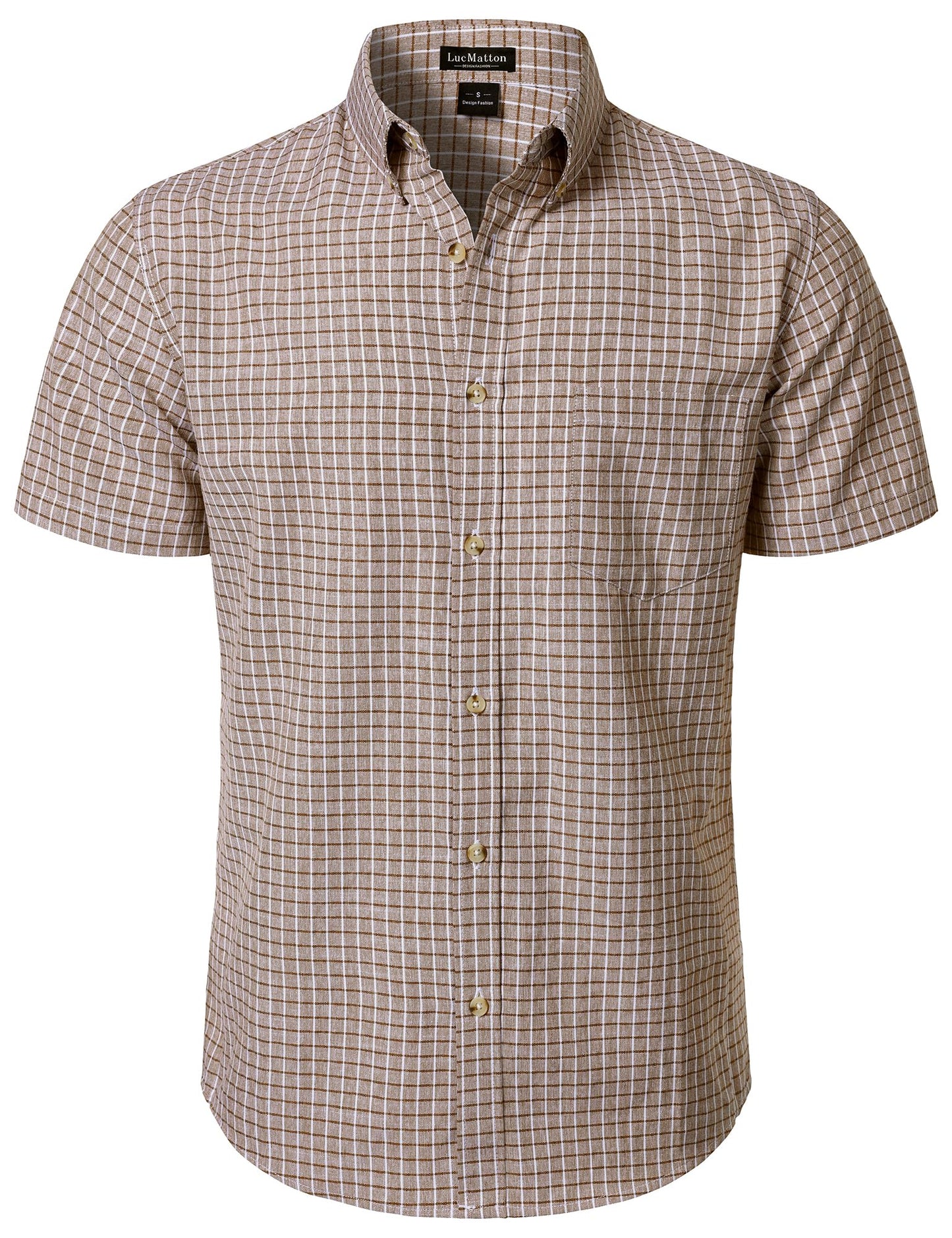 LucMatton Men's Plaid Short Sleeve Button Down Shirt Smart Casual Linen-Like Regular Fit Summer Tops