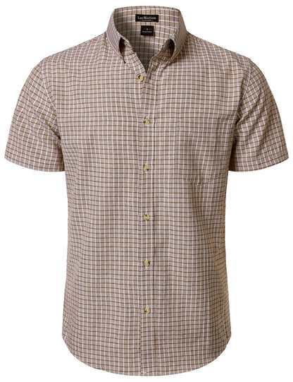 LucMatton Men's Plaid Short Sleeve Button Down Shirt Smart Casual Linen-Like Regular Fit Summer Tops