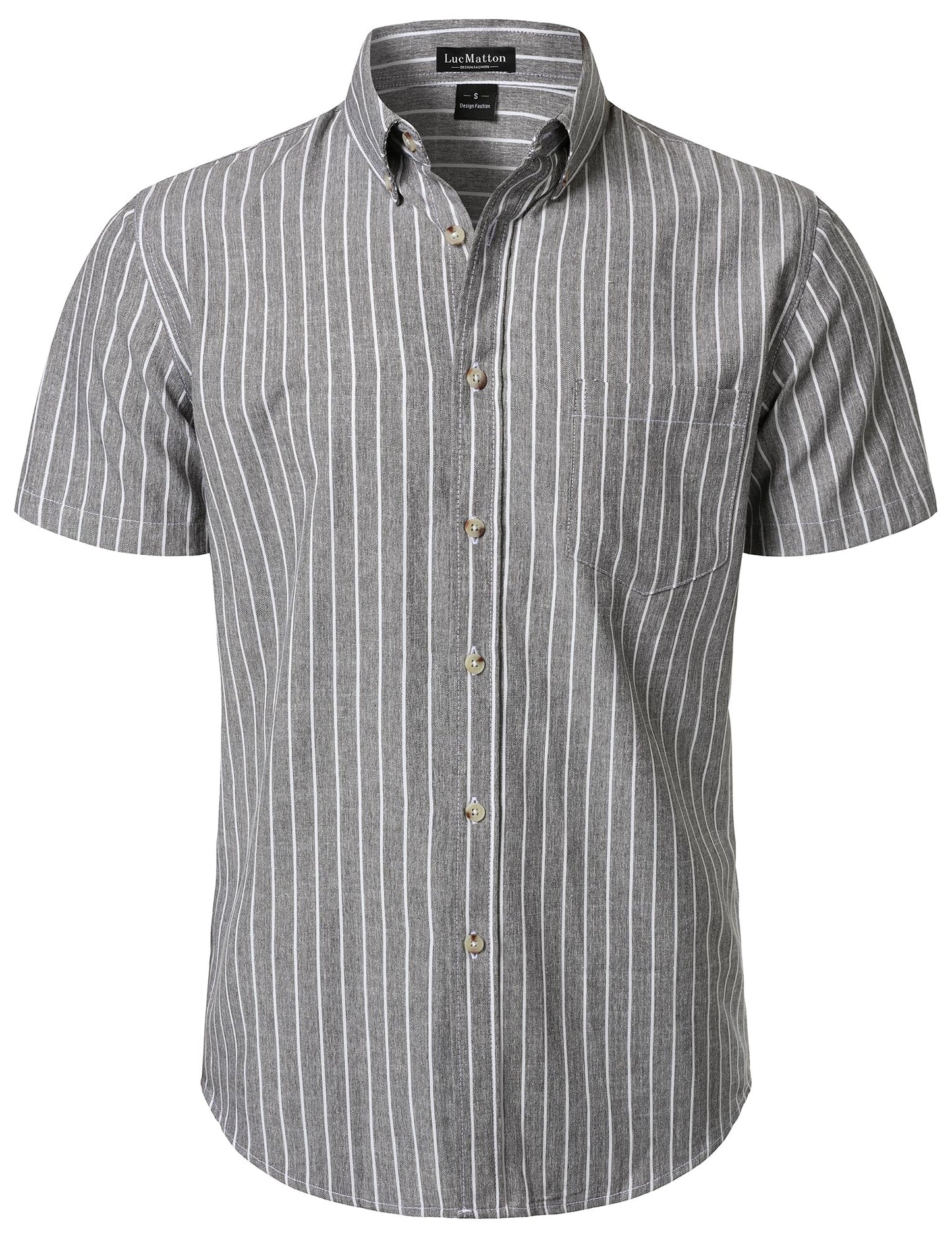 LucMatton Men's Classic Striped Short Sleeve Button Down Shirt Linen-Like Regular Fit Business Shirt for Summer