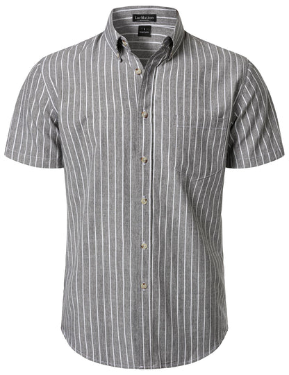 LucMatton Men's Classic Striped Short Sleeve Button Down Shirt Linen-Like Regular Fit Business Shirt for Summer