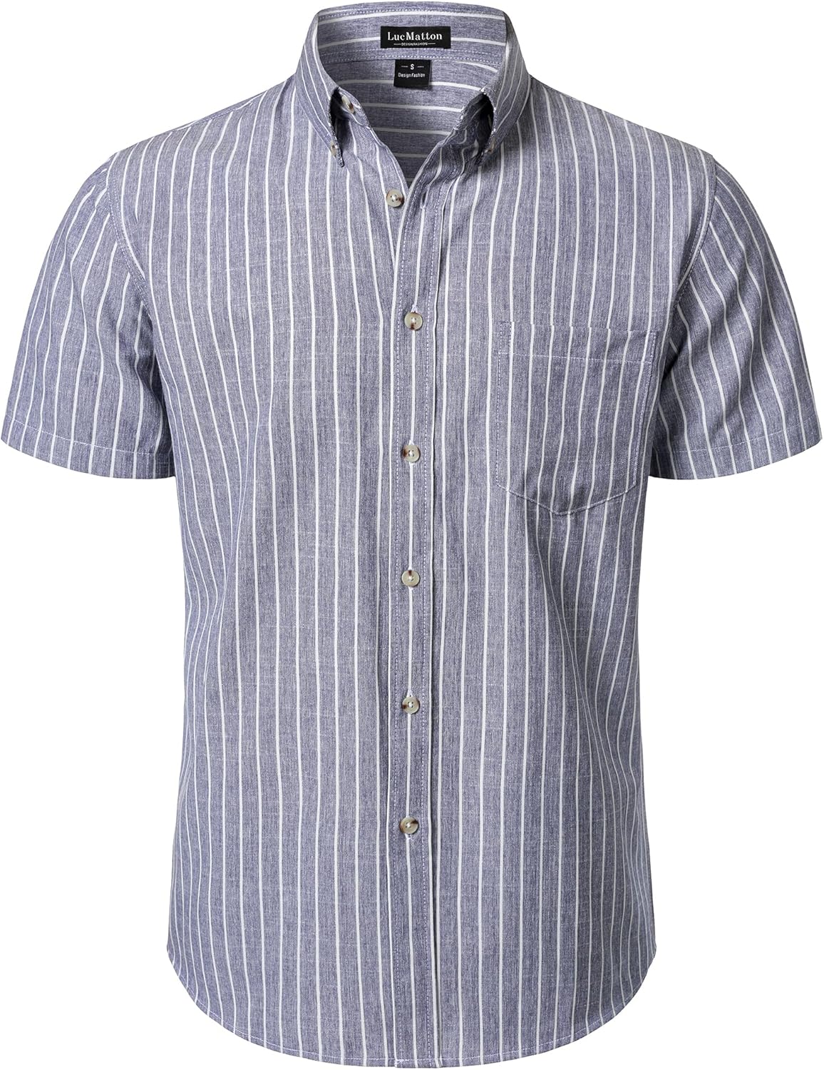 LucMatton Men's Classic Striped Short Sleeve Button Down Shirt Linen-Like Regular Fit Business Shirt for Summer