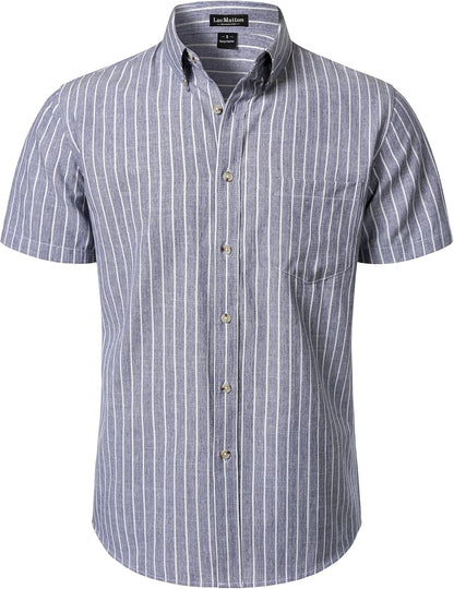 LucMatton Men's Classic Striped Short Sleeve Button Down Shirt Linen-Like Regular Fit Business Shirt for Summer