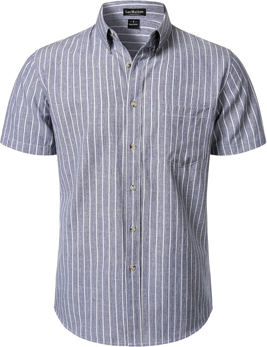 LucMatton Men's Classic Striped Short Sleeve Button Down Shirt Linen-Like Regular Fit Business Shirt for Summer