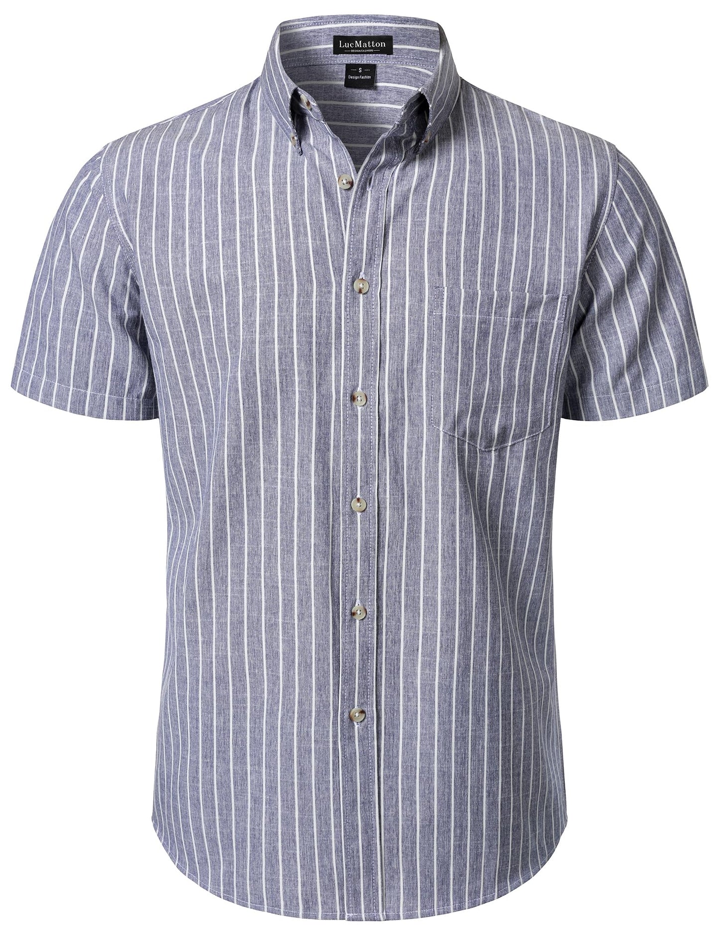 LucMatton Men's Classic Striped Short Sleeve Button Down Shirt Linen-Like Regular Fit Business Shirt for Summer