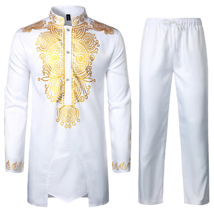 LucMatton Men's African 2 Piece Set Long Sleeve Gold Print Dashiki and Pants Outfit Traditional Suit