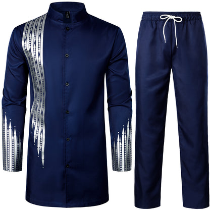 LucMatton Men's 2 Piece Outfit Long Sleeve Button up Shirt and Pants Traditional Ethnic Suit