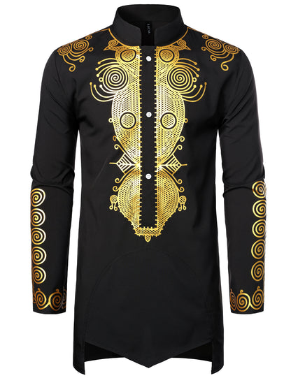 LucMatton Men's Traditional African Long Sleeve Dashiki Shiny Metallic Pattern Printed Party Shirt
