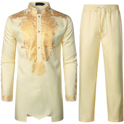 LucMatton Men's African 2 Piece Set Long Sleeve Gold Print Dashiki and Pants Outfit Traditional Suit