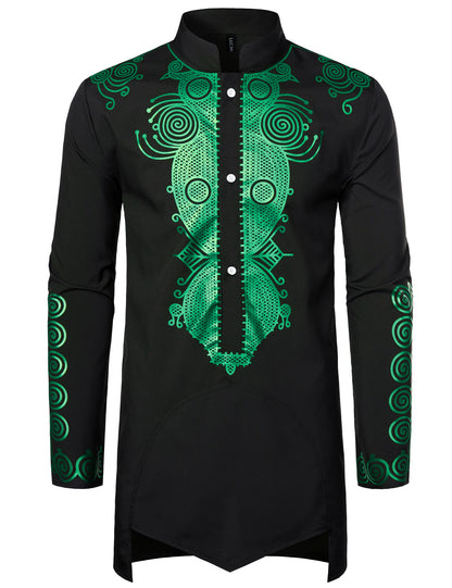 LucMatton Men's Traditional African Long Sleeve Dashiki Shiny Metallic Pattern Printed Party Shirt