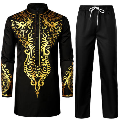 LucMatton Men's African 2 Piece Set Long Sleeve Gold Print Dashiki and Pants Outfit Traditional Suit