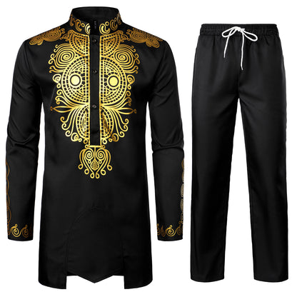 LucMatton Men's African 2 Piece Set Long Sleeve Gold Print Dashiki and Pants Outfit Traditional Suit