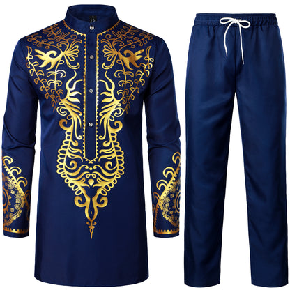 LucMatton Men's African 2 Piece Set Long Sleeve Gold Print Dashiki and Pants Outfit Traditional Suit